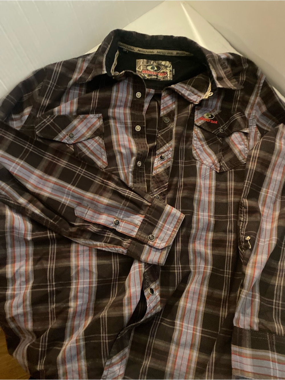 Mossy Oak Brown Plaid Button-Down Shirt with Blue and Cream Stripes